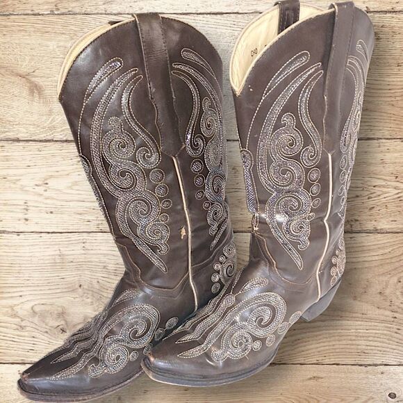 Republic Boot Co. Womens Sz 9.5 Oil Tanned Leather Brown Sparkles Embroidered - Picture 3 of 12